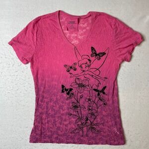 Disneyland Tinker Bell‎ Floral Butterfly Ombre V Neck T Shirt Women's Size L